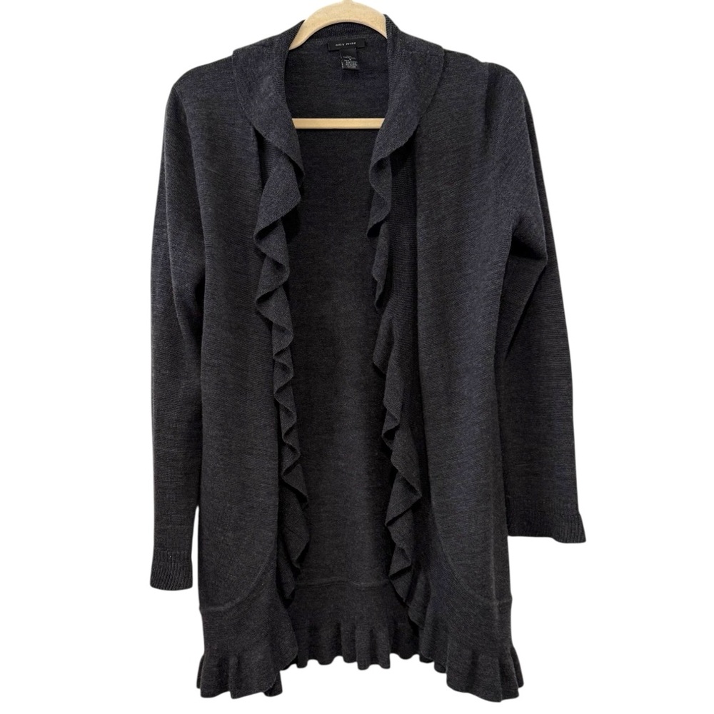 Only Mine Small Dark Gray Merino Wool Ruffle Trim Longline Open Cardigan Sweater